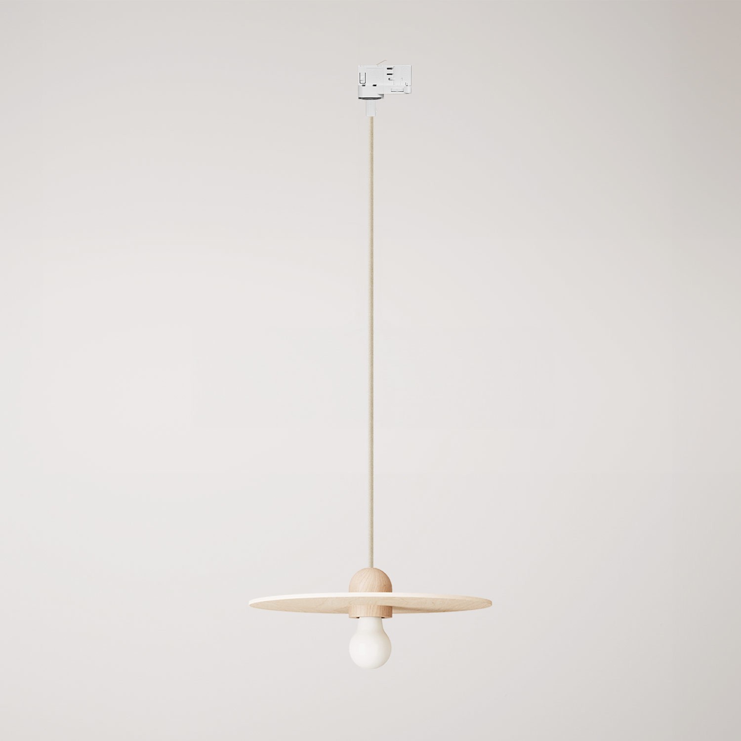 Wooden track lamp with textile cable and UFO lampshade