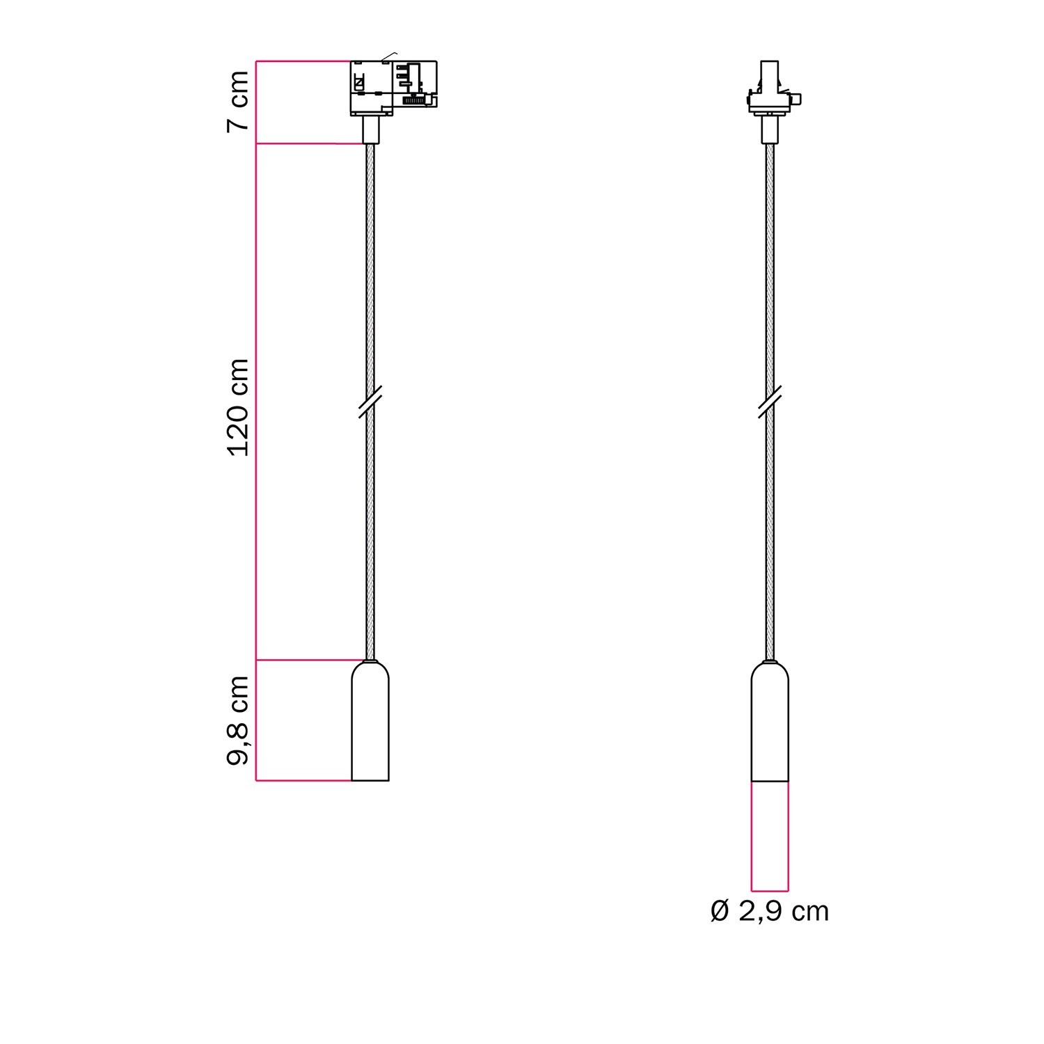 P-Light pendant lamp with E14 lamp holder for tracks