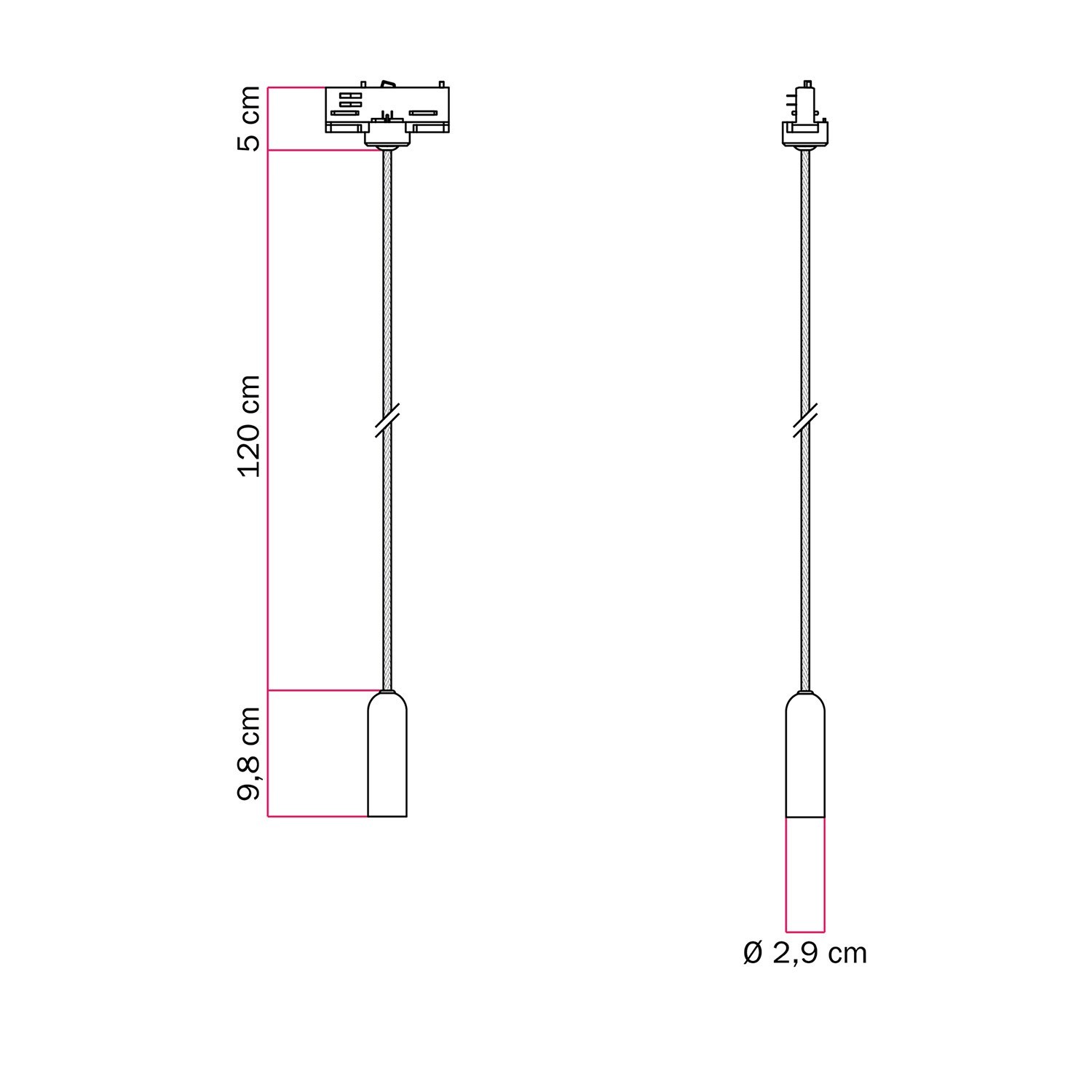 P-Light pendant lamp with E14 lamp holder for tracks