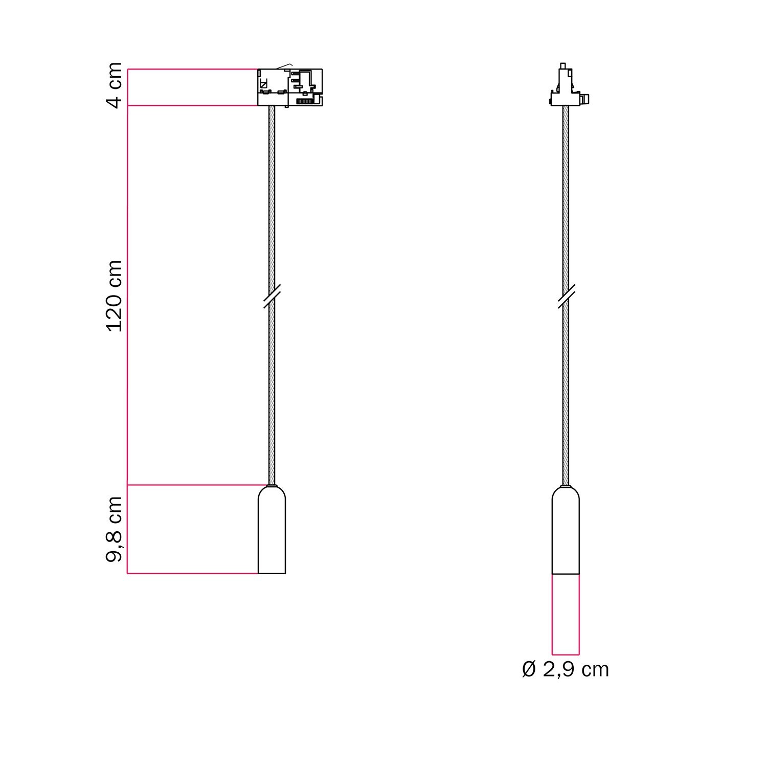 P-Light pendant lamp with E14 lamp holder for tracks