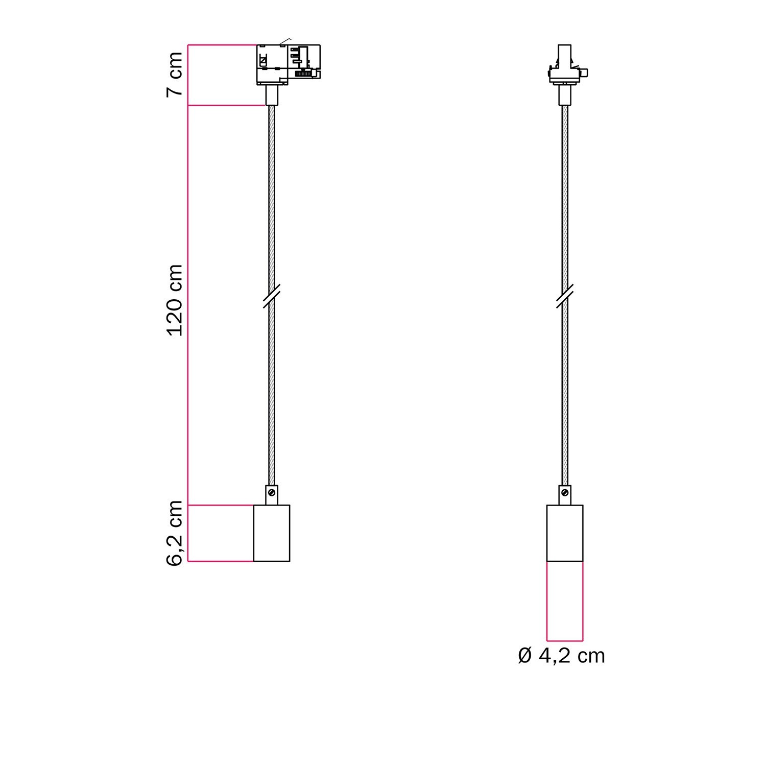 Metal track pendant lamp with contrasting finish