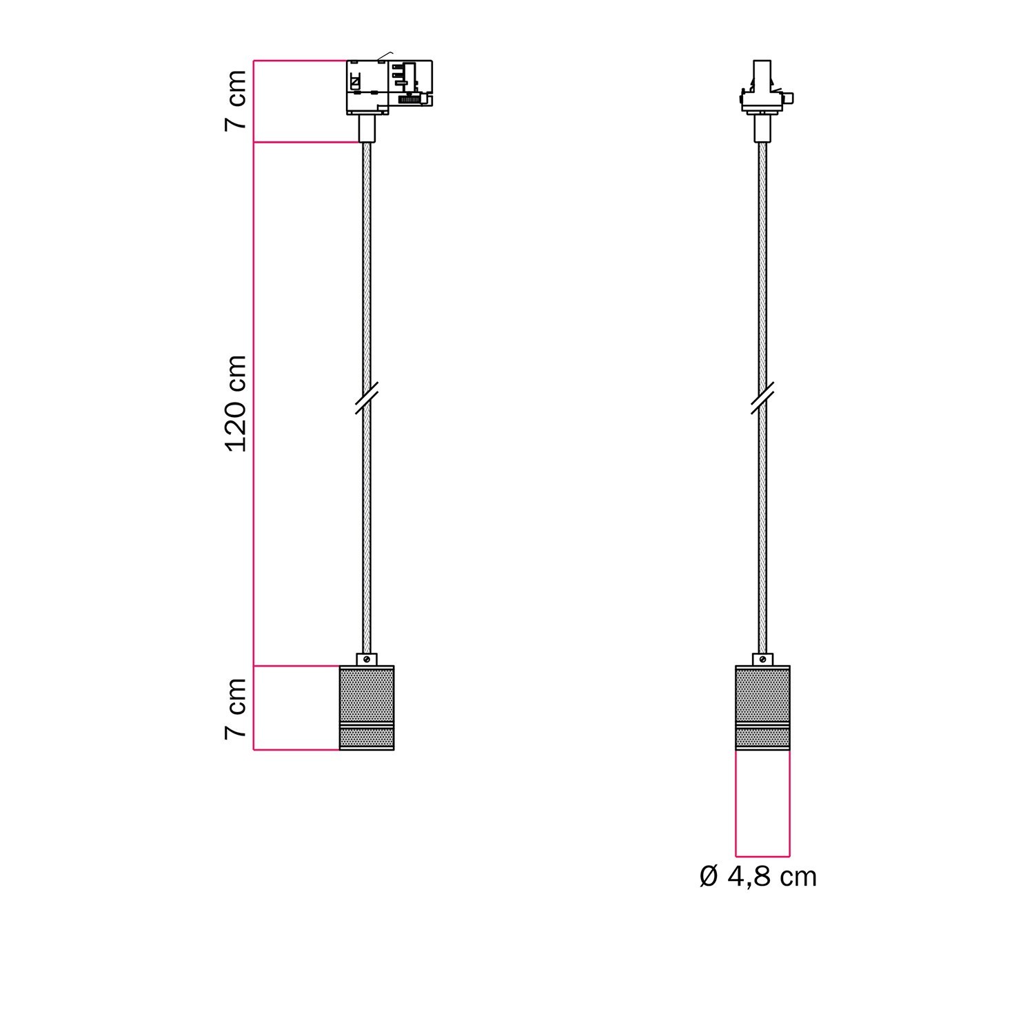 Suspension lamp with knurled aluminium lamp holder for tracks