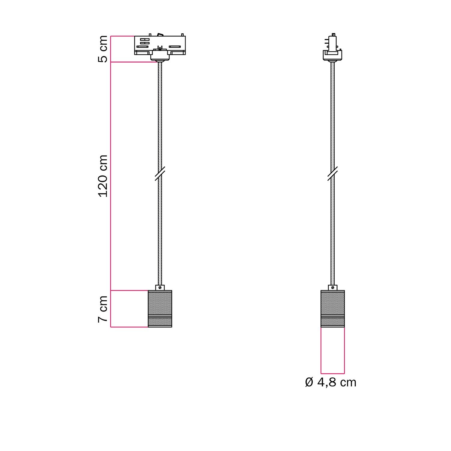 Suspension lamp with knurled aluminium lamp holder for tracks