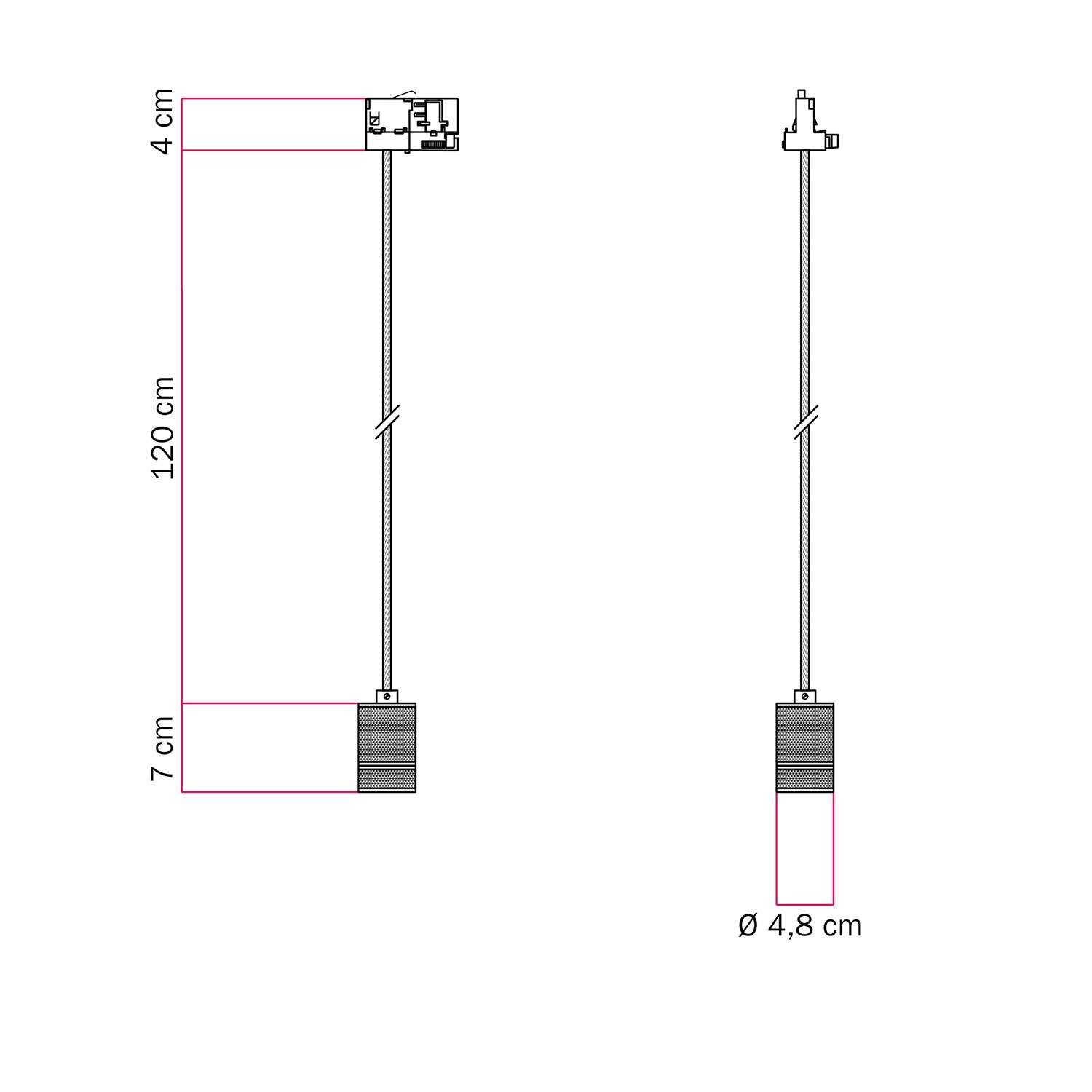 Suspension lamp with knurled aluminium lamp holder for tracks