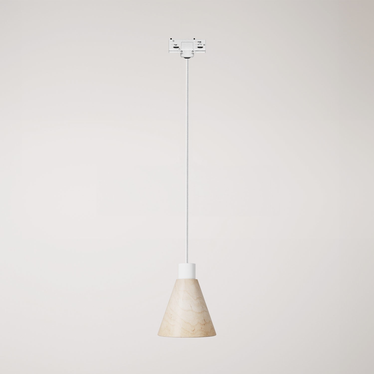 Track pendant lamp with conical wooden shade