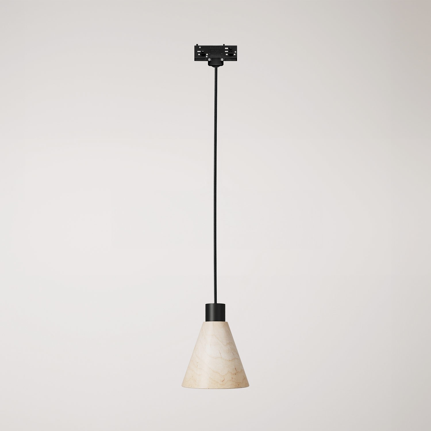 Track pendant lamp with conical wooden shade