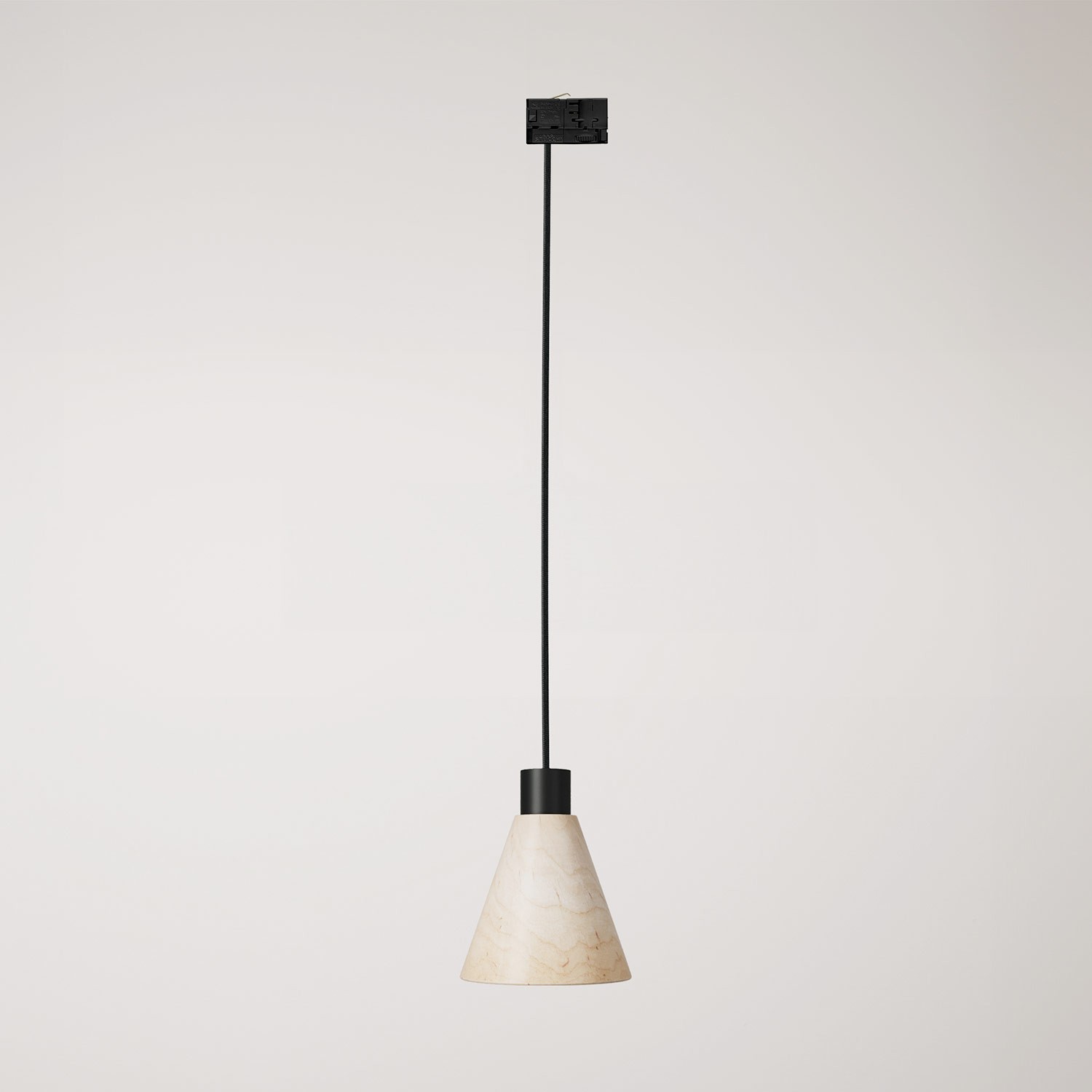 Track pendant lamp with conical wooden shade