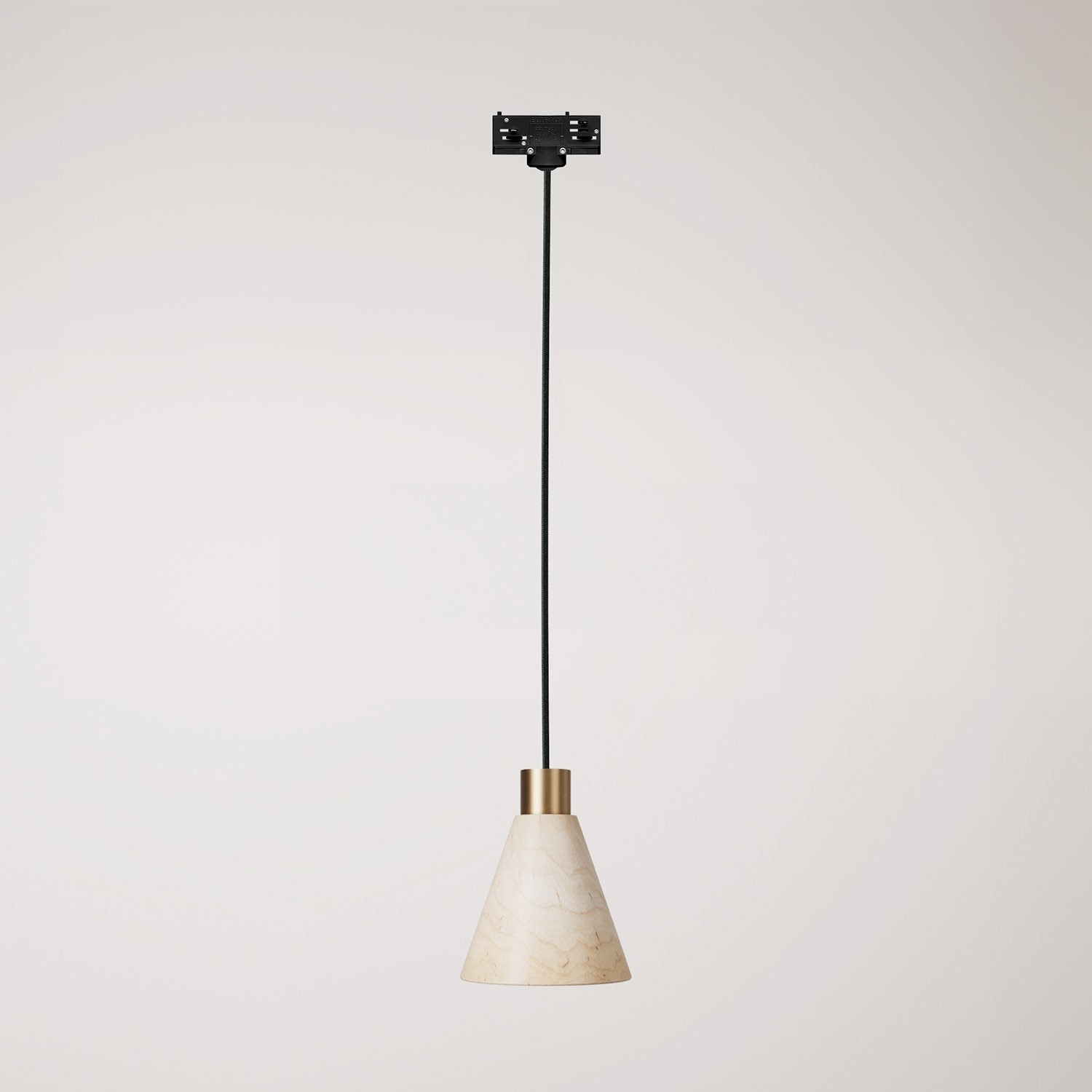 Track pendant lamp with conical wooden shade