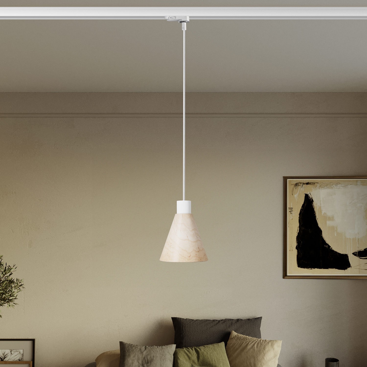 Track pendant lamp with conical wooden shade