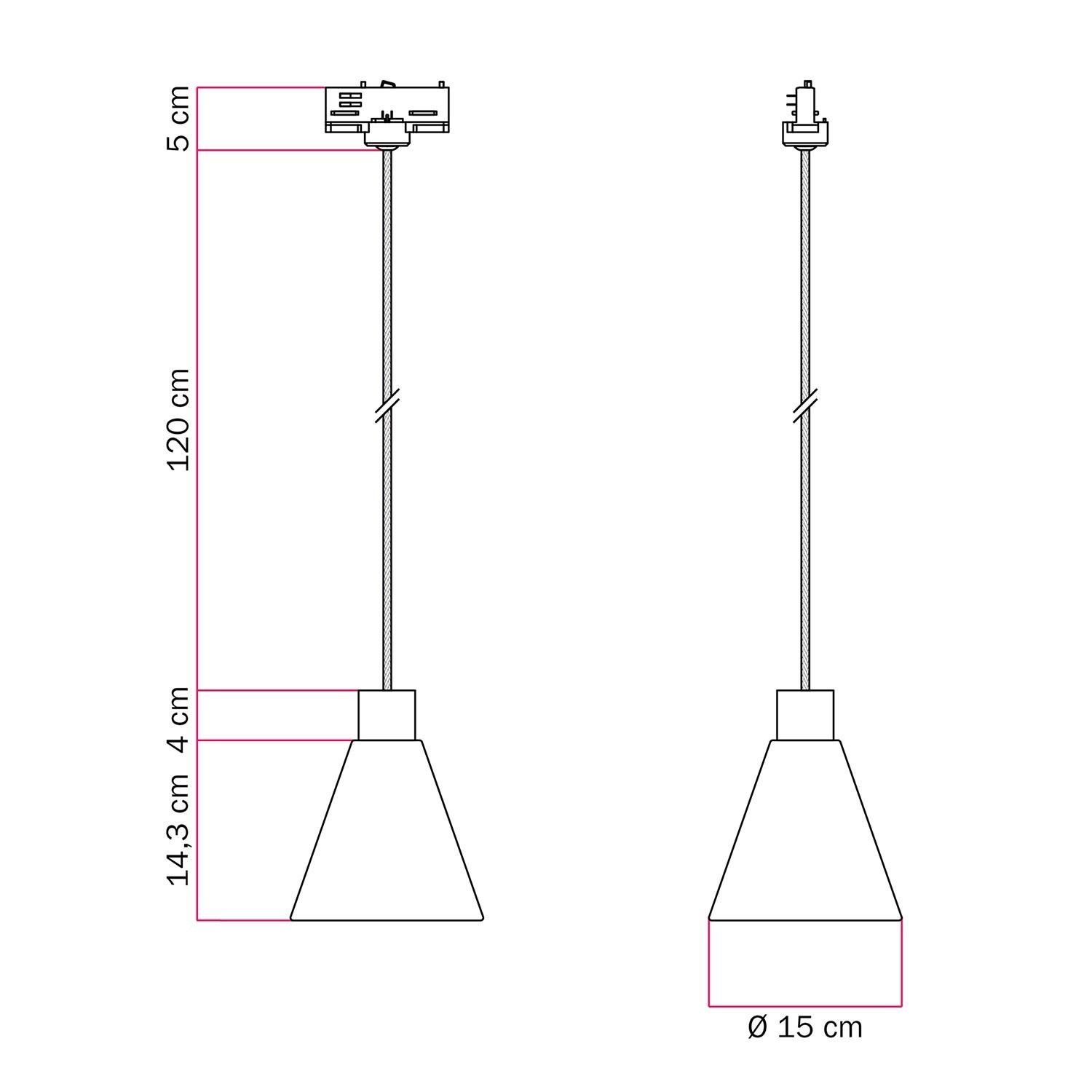 Track pendant lamp with conical wooden shade