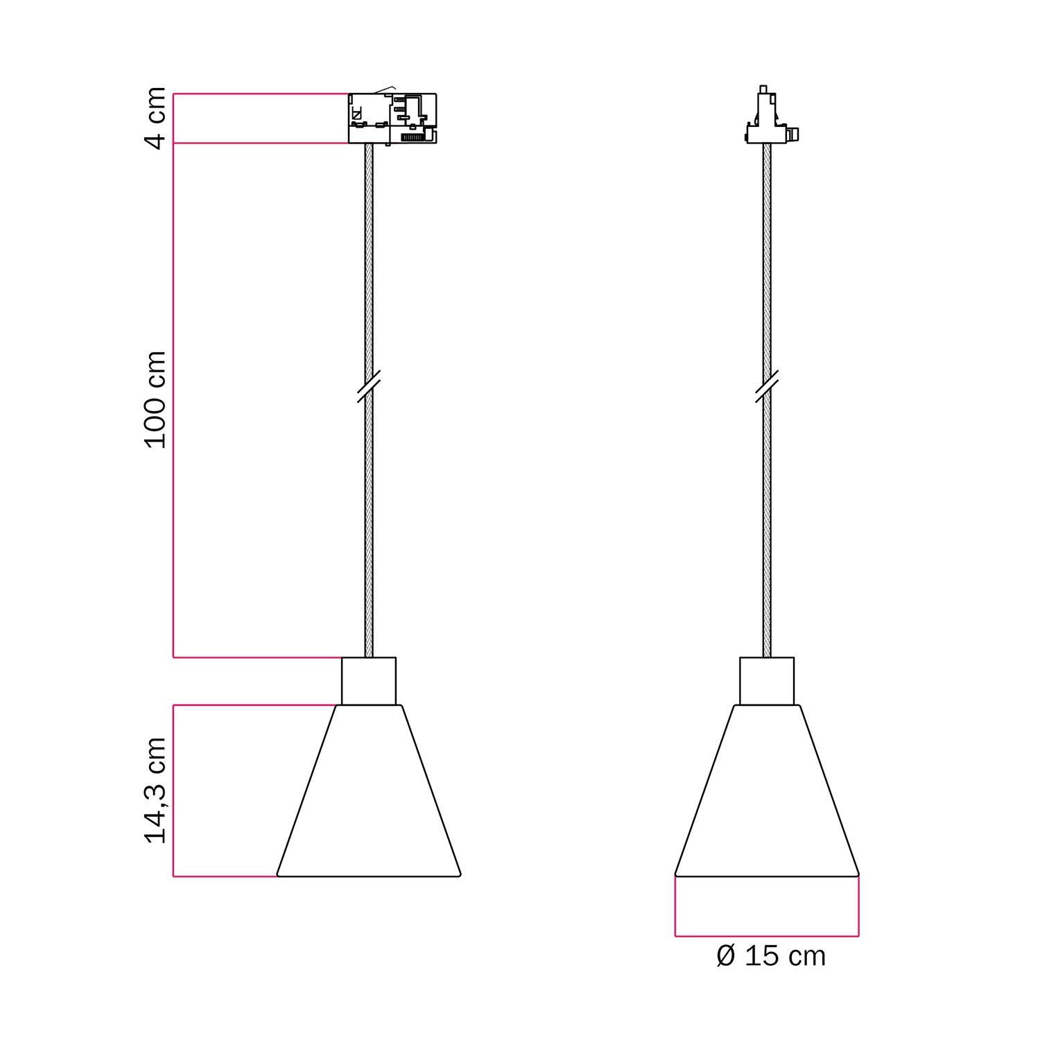 Track pendant lamp with conical wooden shade