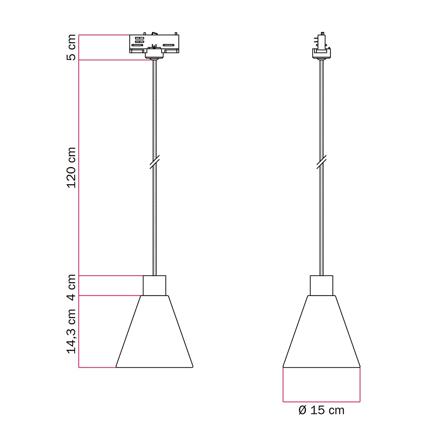 Track pendant lamp with conical wooden shade