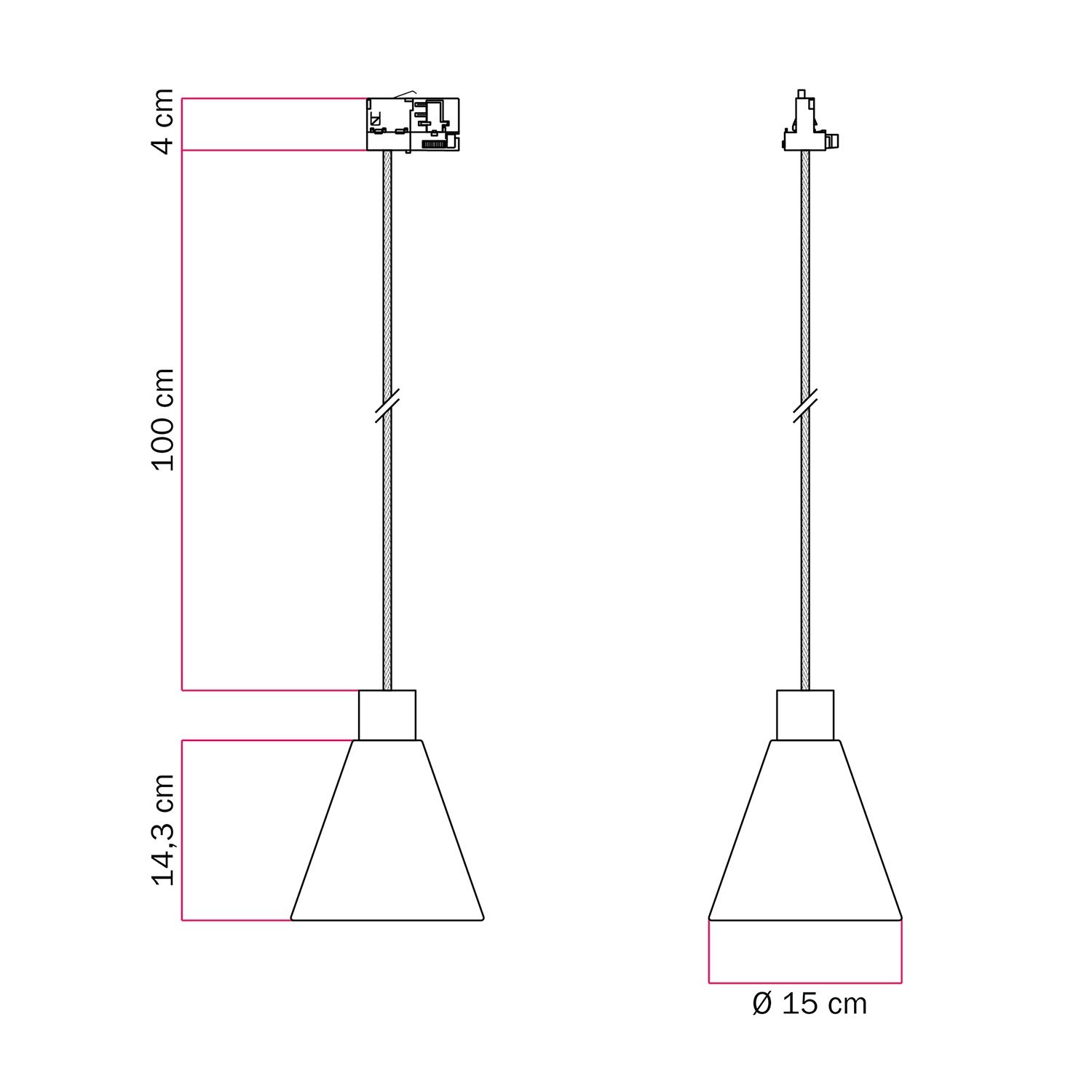 Track pendant lamp with conical wooden shade