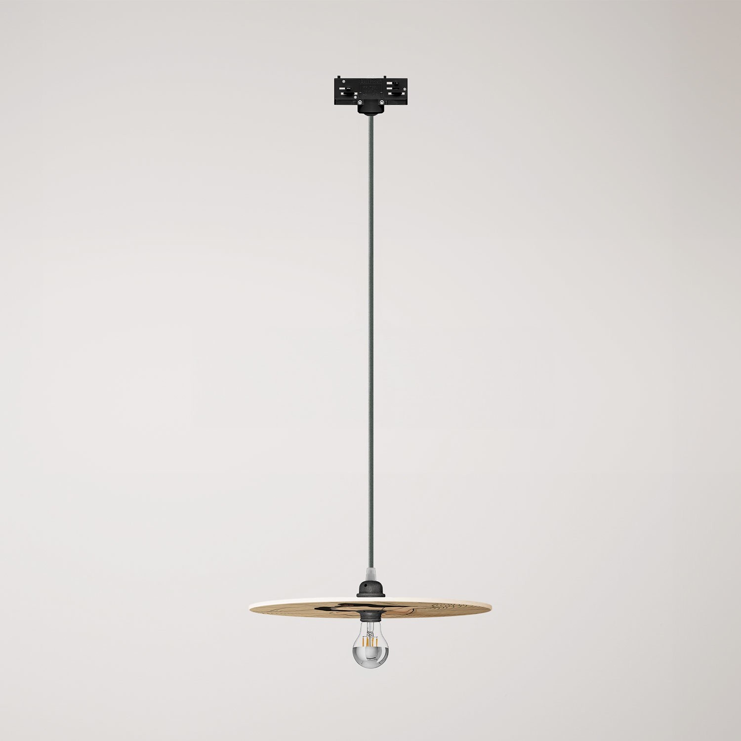 Track pendant lamp with UFO double-sided wooden shade