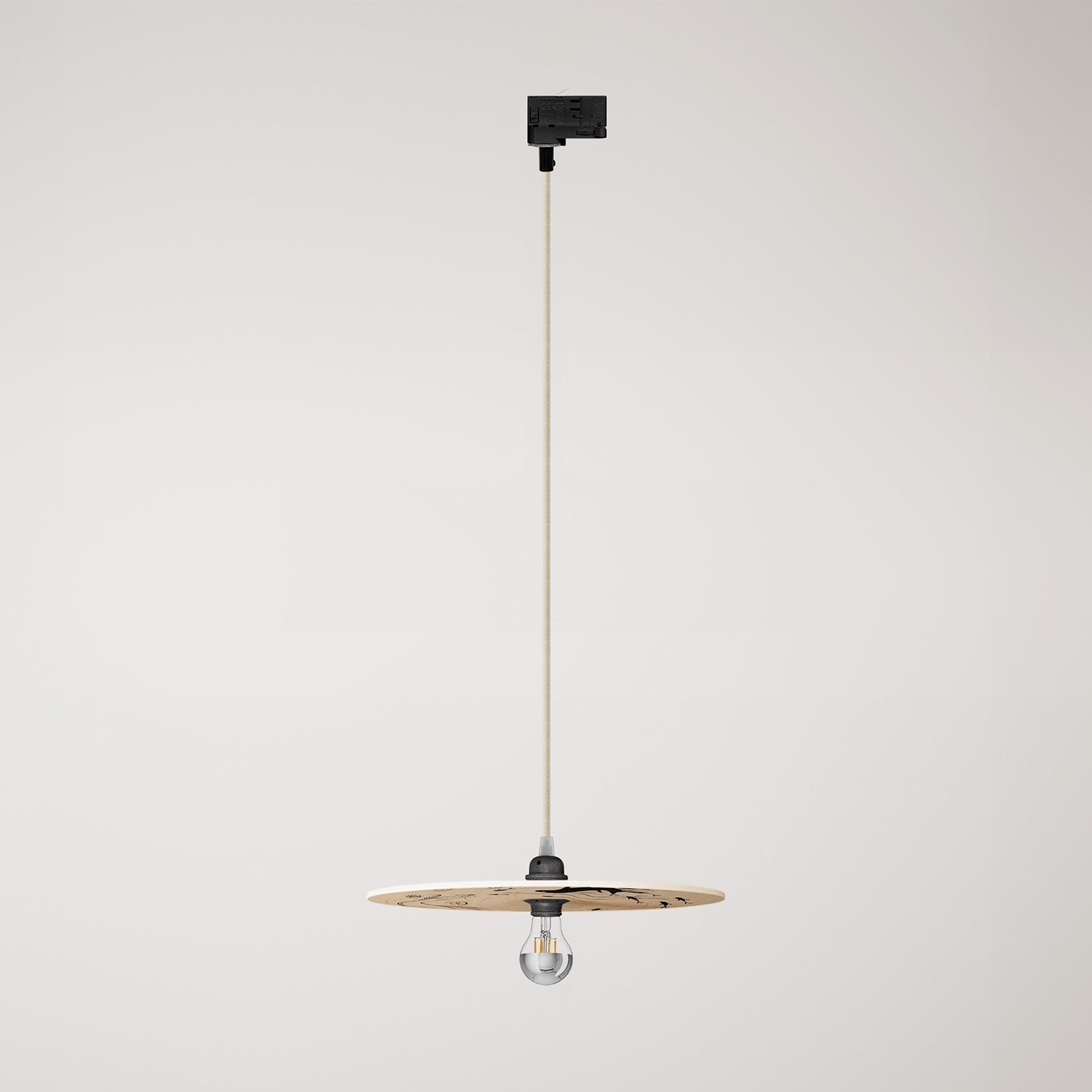 Track pendant lamp with UFO double-sided wooden shade