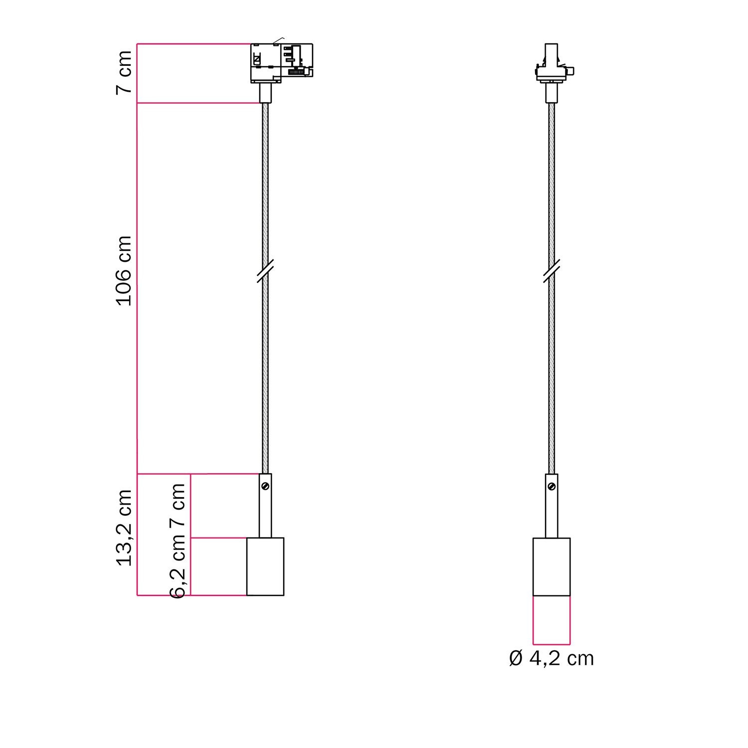 Lámpara de suspensión para carril con sujetacable de 7cm