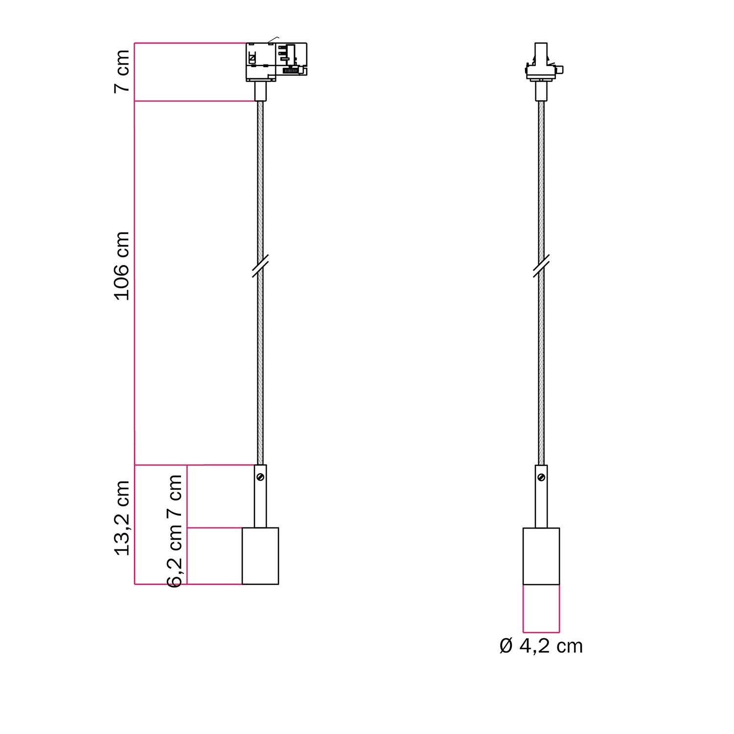 Track pendant lamp with 7cm cable clamp