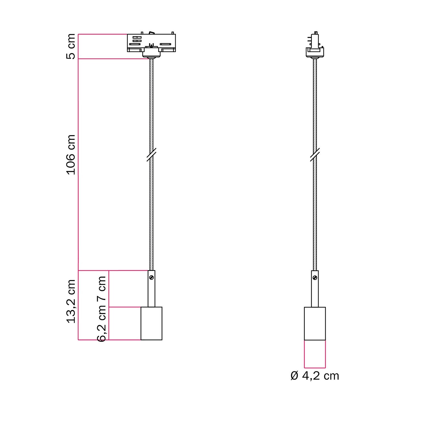 Lámpara de suspensión para carril con sujetacable de 7cm