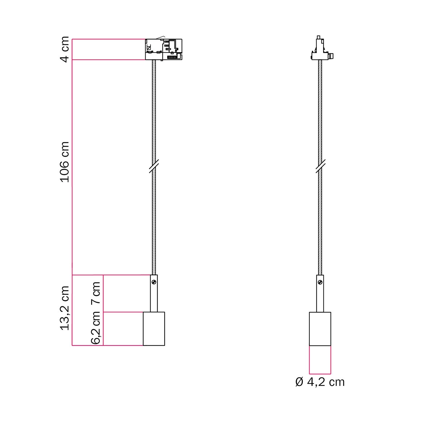 Lámpara de suspensión para carril con sujetacable de 7cm