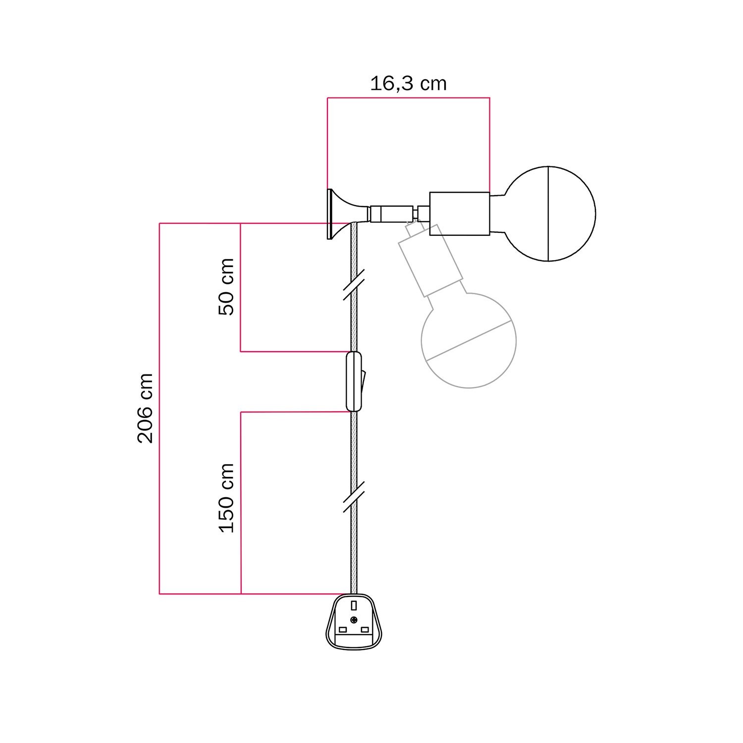 Lámpara de pared MAG-Y con articulación y bombilla de media esfera