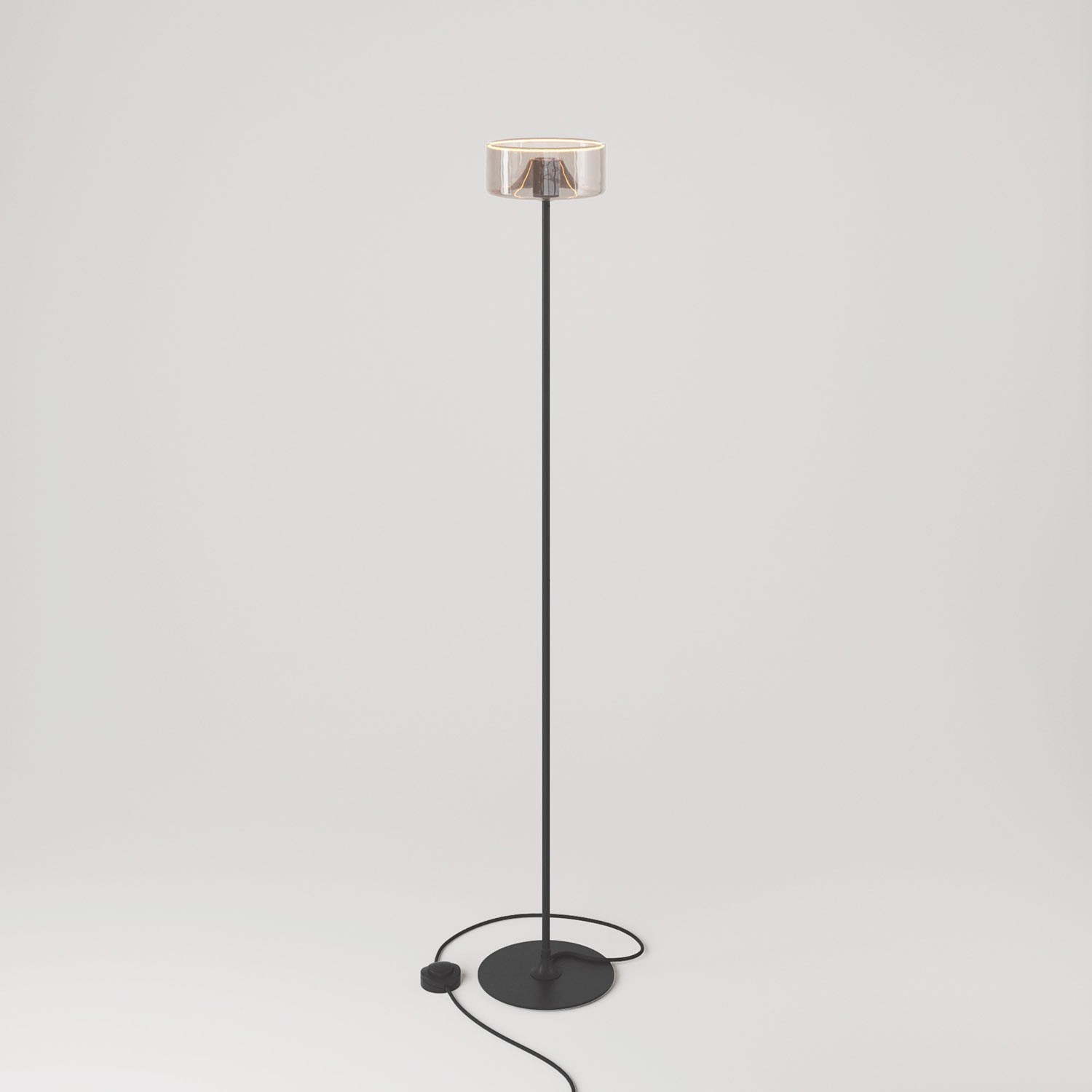 MAG-Y floor lamp with round, metal base and Ghost smoky bulb