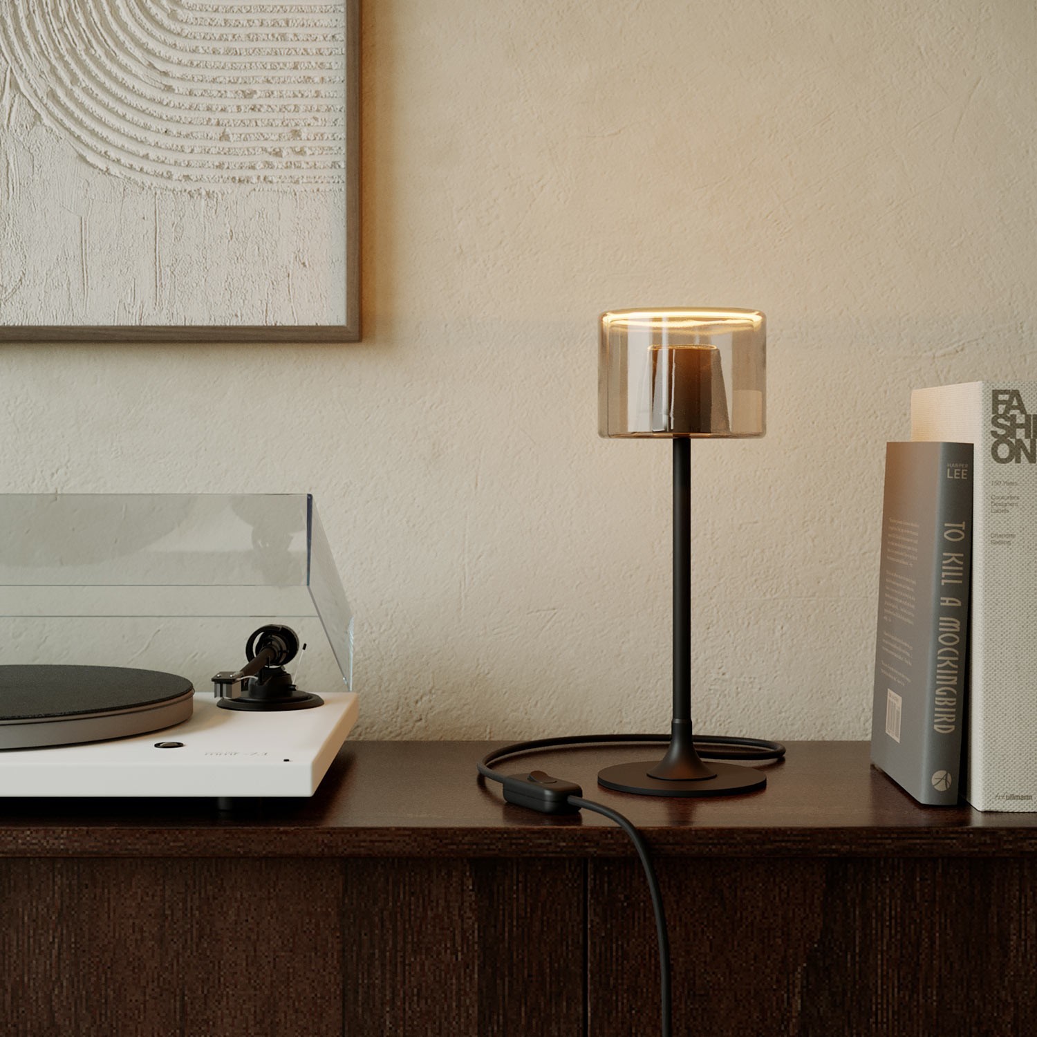 MAG-Y table lamp with round metal base and Ghost smoky bulb