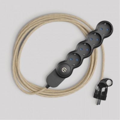 Schuko multisocket with neutral-coloured jute cable and Schuko plug with comfort ring