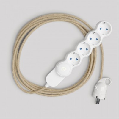 Schuko multisocket with neutral-coloured jute cable and Schuko plug with comfort ring