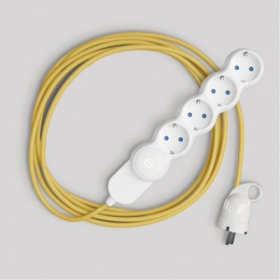 Multienchufe alemana con cable de tejido amarillo brillante y enchufe Schuko con anillo de confort