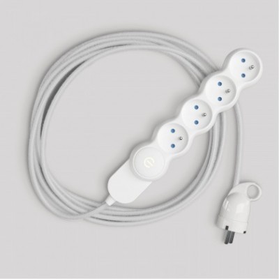 French multisocket with polished white fabric cable and Schuko plug with comfort ring