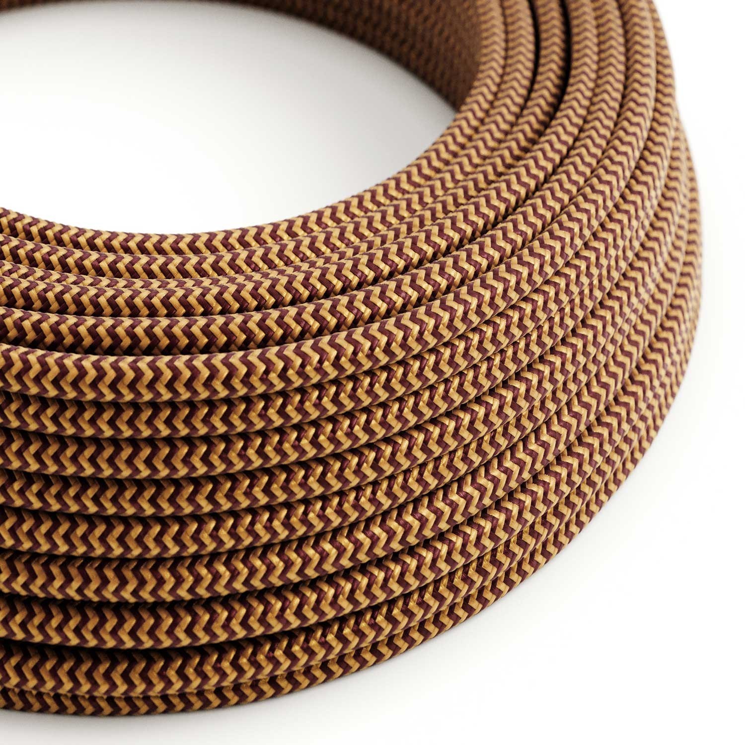 Cable eléctrico redondo en bobina de 45.72 mts (150 pies) RZ23 Efecto Seda ZigZag Dorado y Burdeos - Homologado UL