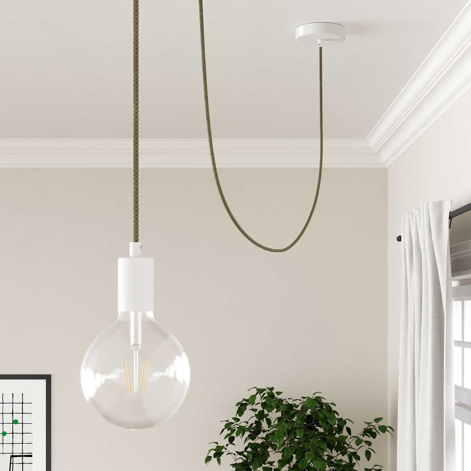 Round Electric Cable RD62 Lozenge Green Thyme Cotton and Natural Linen - UL listed